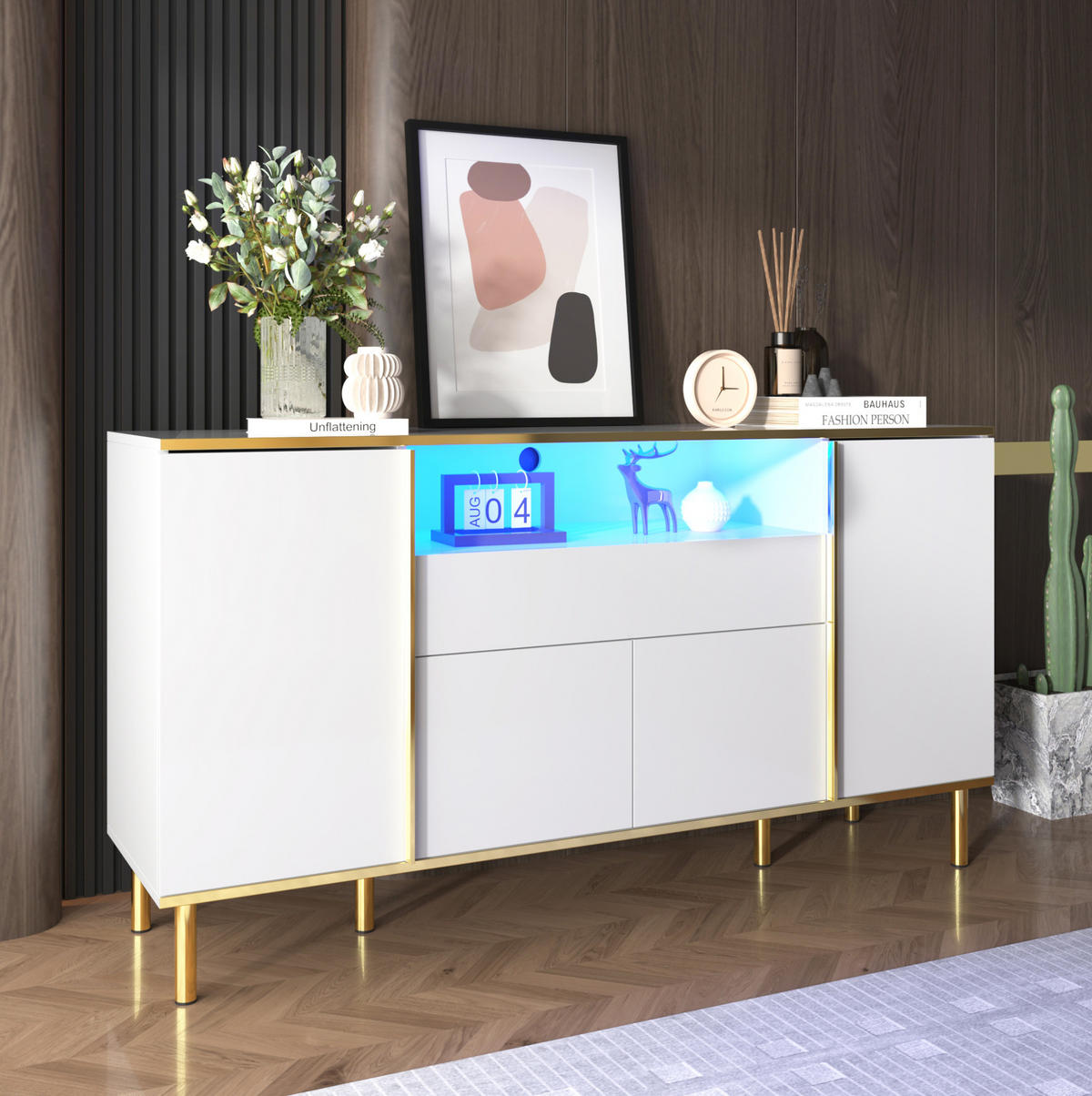 KOMMODE aus MDF & Spanplatte 150x40x80cm in Weiß mit LED-Beleuchtung - Weiß, Holzwerkstoff (150/80/40cm) - Modfu