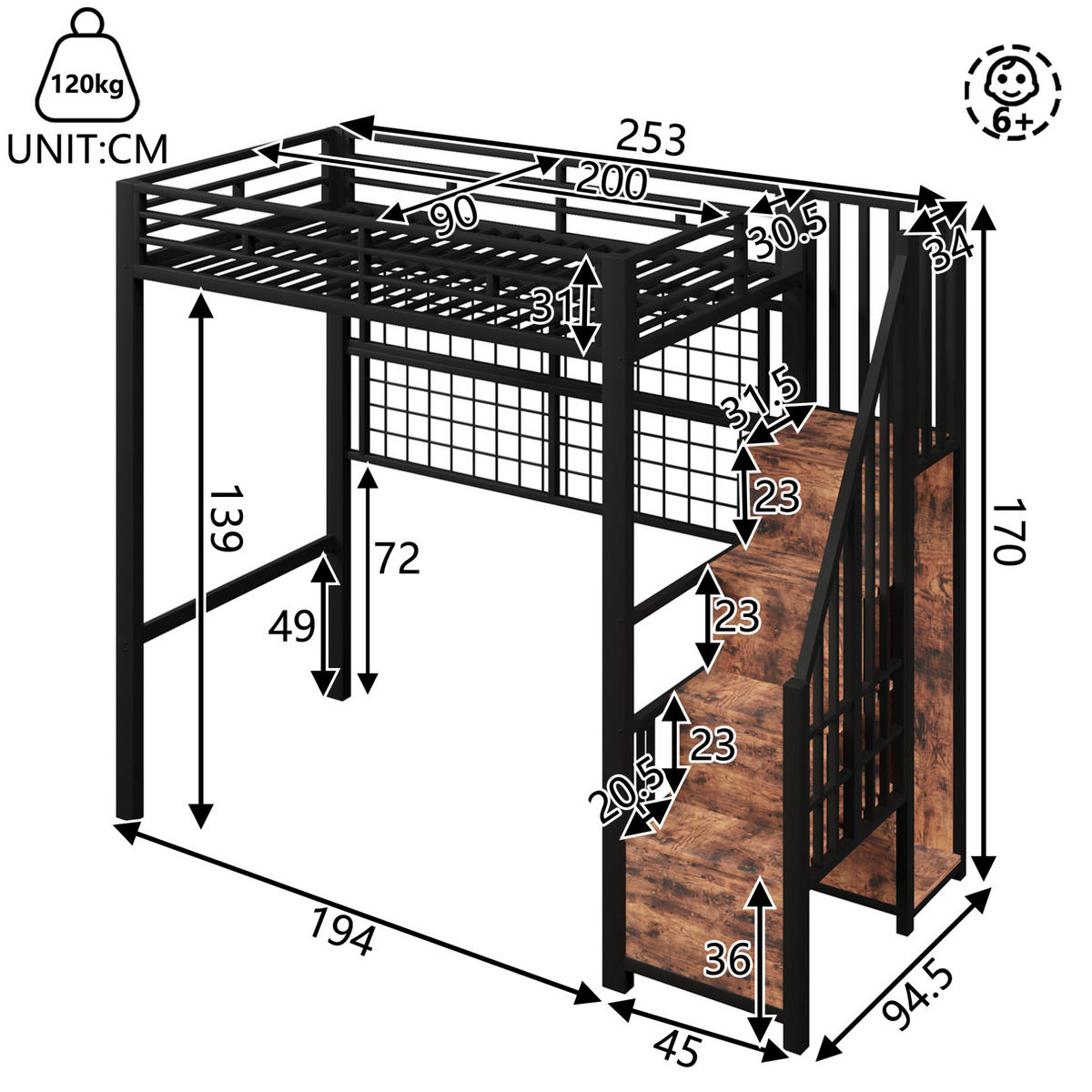 HOCHBETT aus Metall und MDF 90x200 cm Schwarz mit Kleiderschrank, Stauraumleiter, Hängegitter und 7-Farben-LED - Schwarz, Metall (90/200cm) - Modfu
