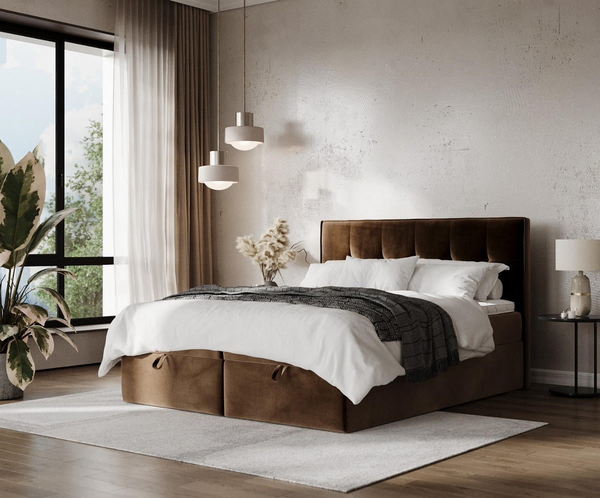 BOXBETT Tivra 160/200 cm Braun im Kronos Stoff - Schwarz/Braun, Holz/Holzwerkstoff (160/200cm) - AltaBeds