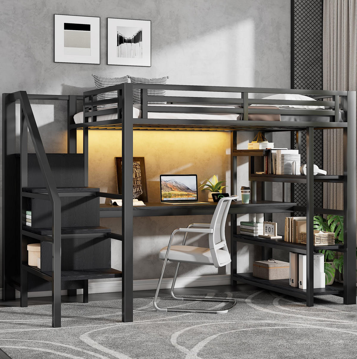 HOCHBETT 140/200 cm aus Metall/MDF mit Treppe, Schreibtisch und Kleiderschrank Schwarz - Schwarz, Holzwerkstoff (140/200cm) - Modenvie