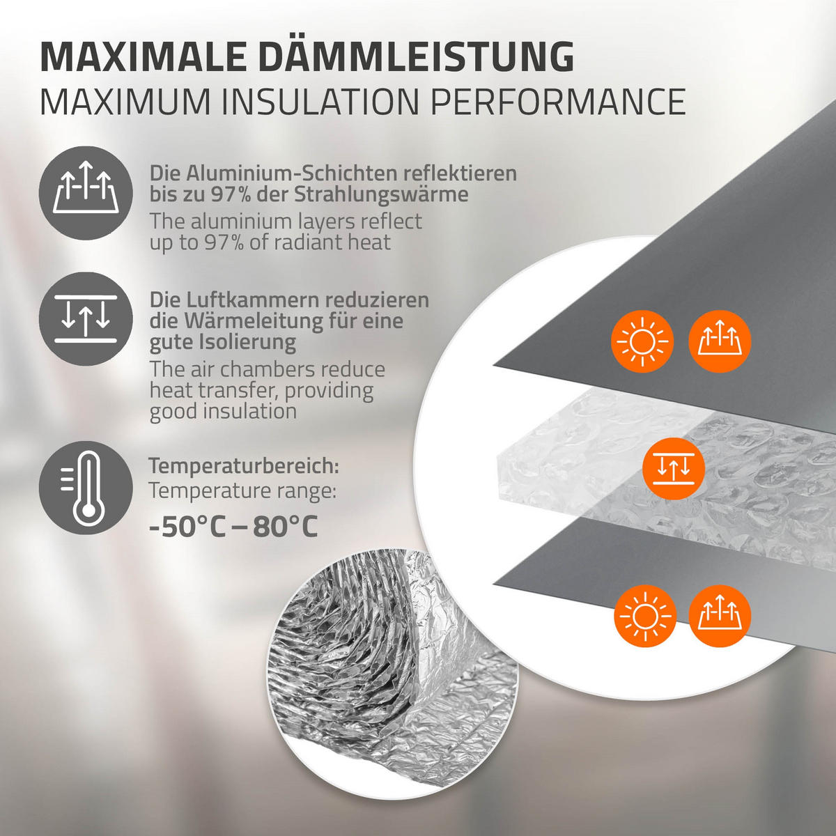 ISOLIERFOLIE 1 x 5 m für Wärmedämmung und Kälteschutz Doppelseitige Alu-Dämmfolie 6mm Dicke - Silberfarben, Kunststoff/Metall (100/0.6/500cm) - ECD-Germany