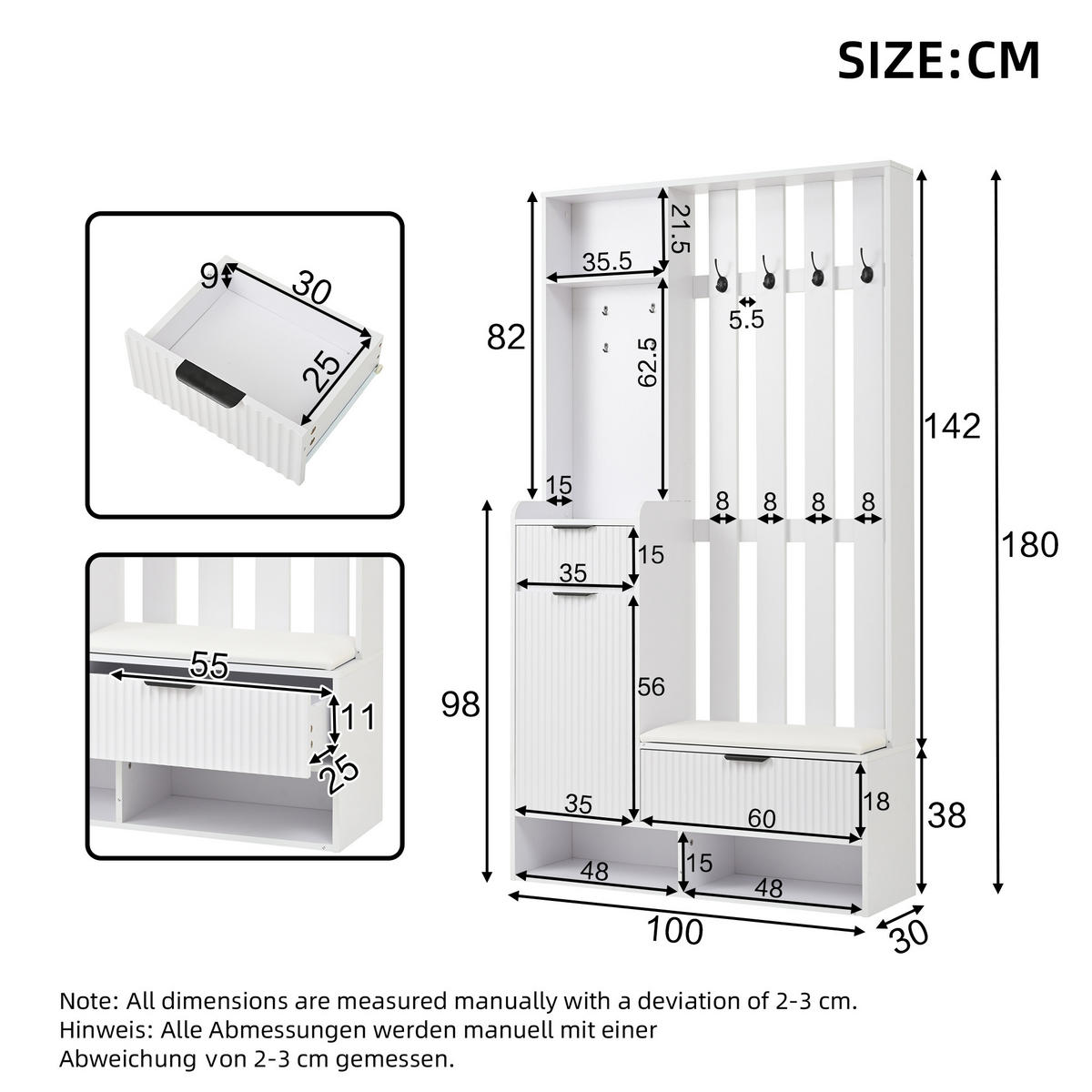 SCHUHSCHRANK aus Spanplatte 100x30x180cm in Weiß mit 8 Haken & Sitzkissen - Weiß, Holzwerkstoff (100/180/30cm) - Modfu
