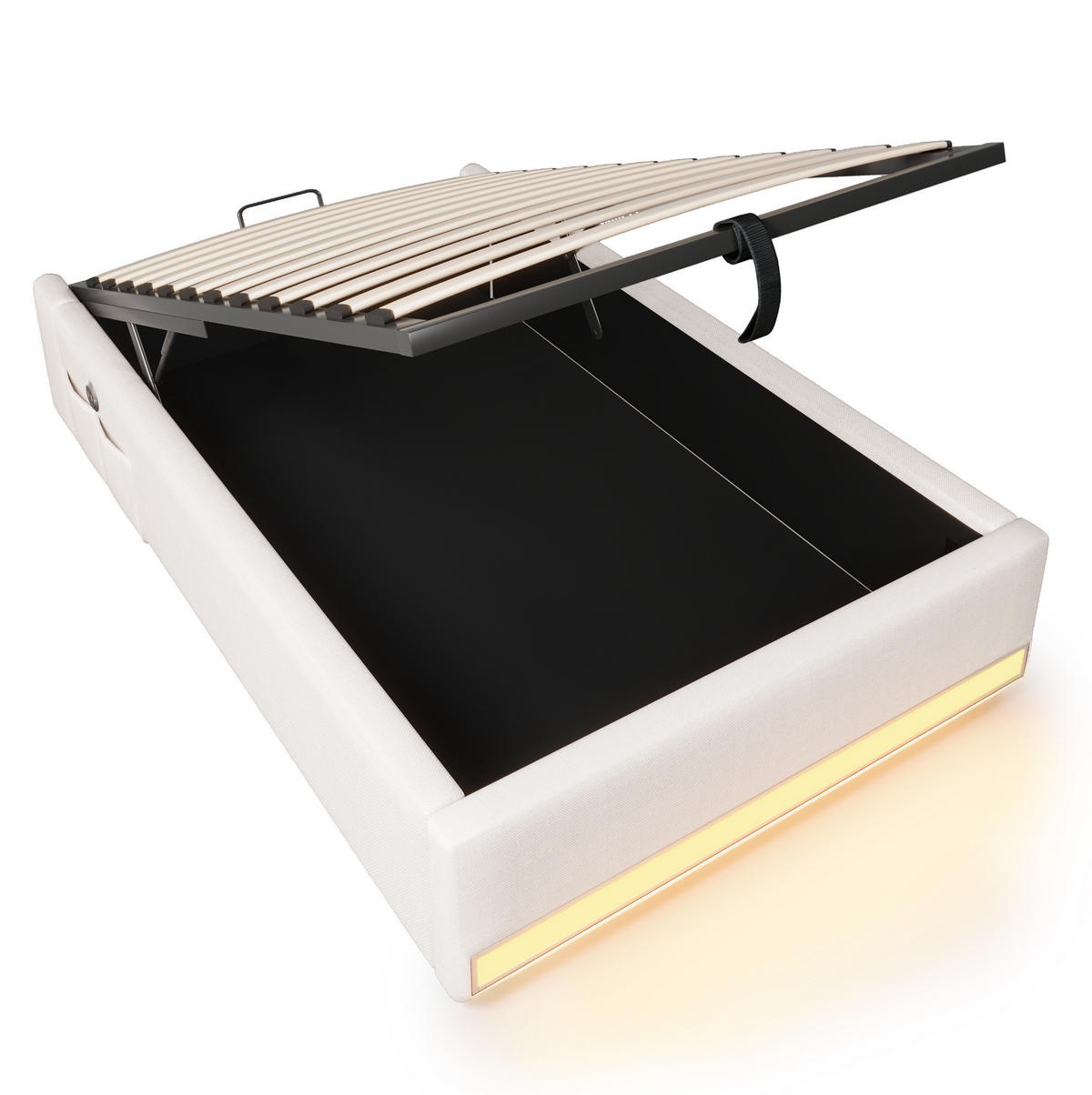 POLSTERBETT aus Leinen 90x200 cm Beige mit LED-Leiste, USB, Typ-C und hydraulischem Stauraum - Beige, Textil (90/200cm) - IVMEU
