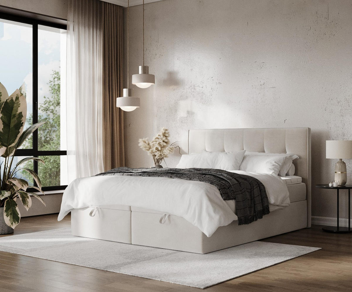 BOXBETT Tivra 160/200 cm Hellbeige im Paros Stoff - Beige/Schwarz, Holz/Holzwerkstoff (160/200cm) - AltaBeds