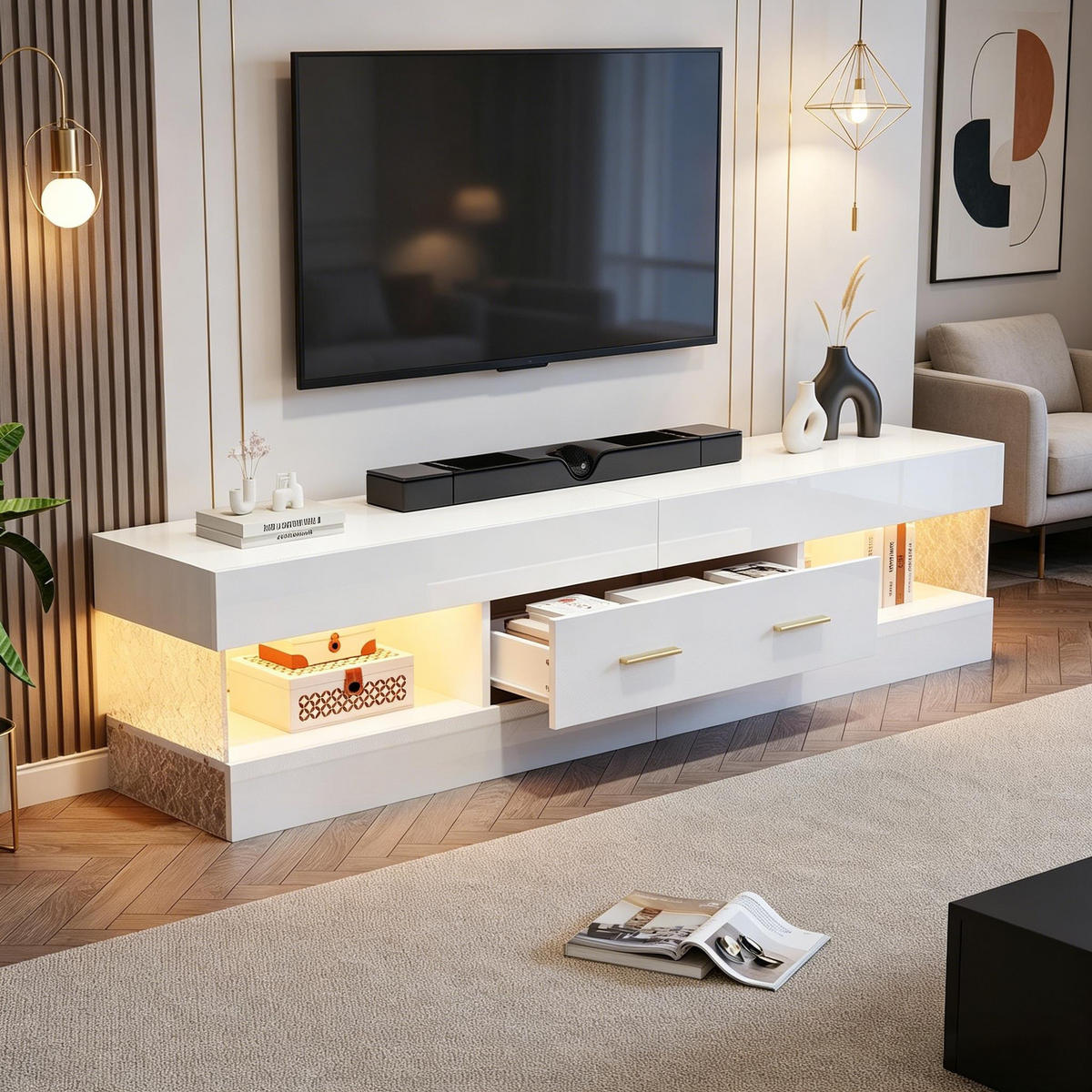 LOWBOARD in Weiß, TV Schrank mit LED, Offenen Stauraum und Schubladen, 152/35/40cm, für Wohnzimmer - Weiß, Holzwerkstoff (152/40/35cm) - STILVORA