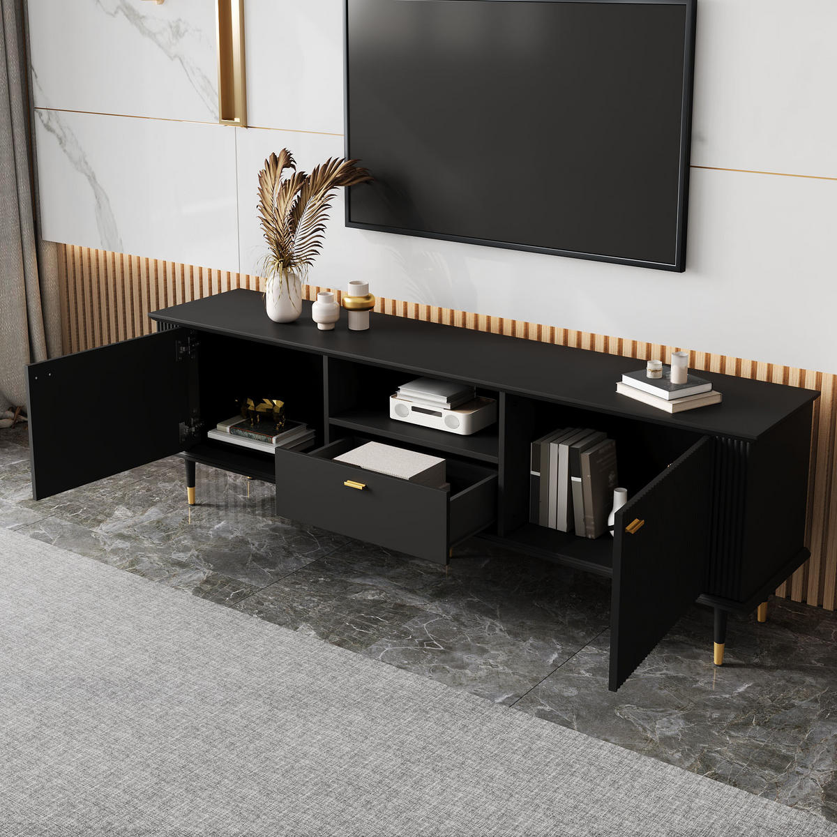TV-SCHRANK offene Fächer Schubladen Soft-Close modern - Schwarz, Holzwerkstoff (36/54/170cm) - FLIEKS