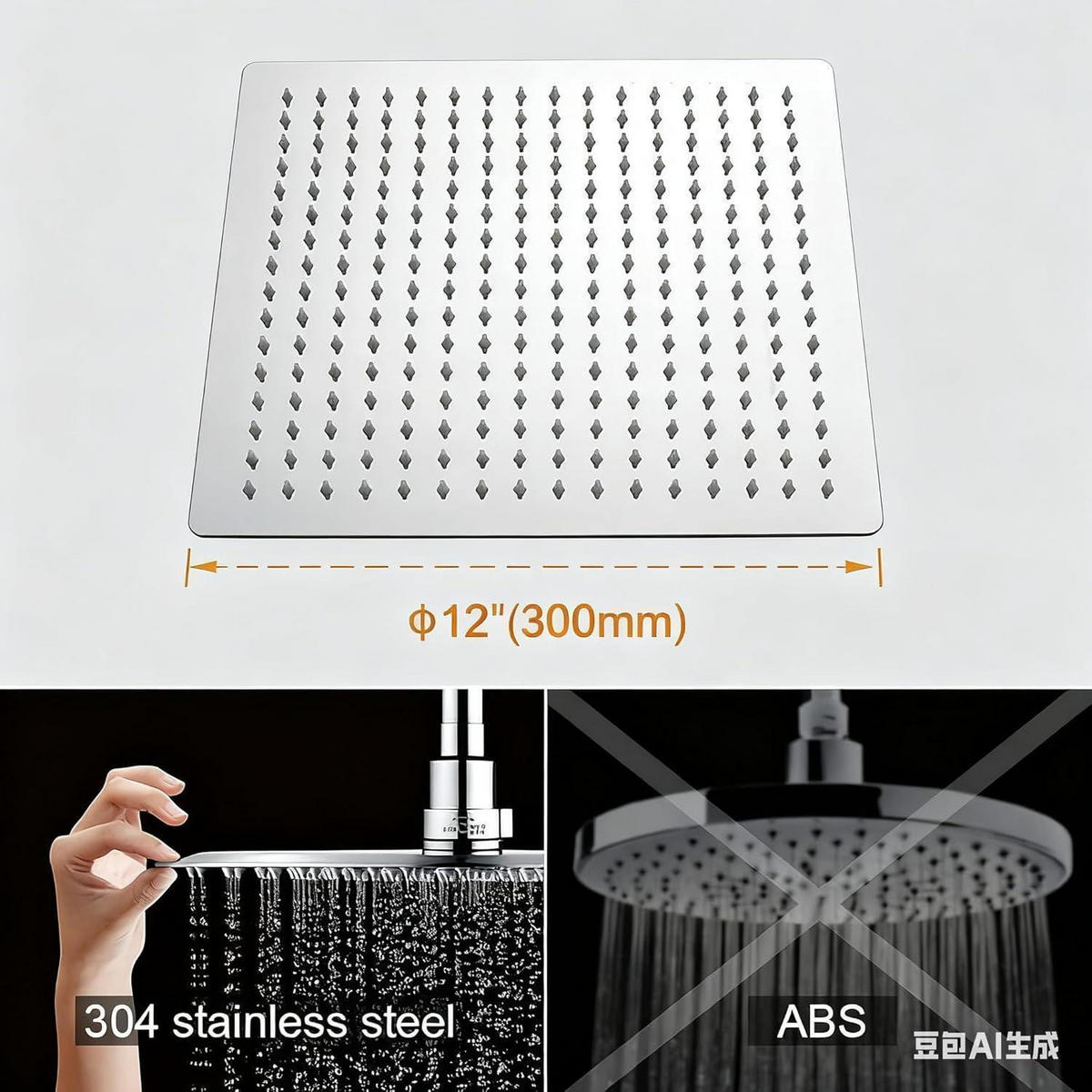 DUSCHKOPF Quadratisch 30 cm Edelstahl AISI304 Wassersparend Anti-Kalk - Silberfarben, Metall (30/4/30cm)