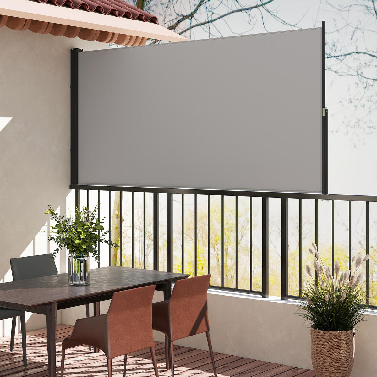 SEITENMARKISE, Hellgrau, 300L x 100H cm/300L x 140H cm, Polyesterstoff, Metall - Hellgrau, Kunststoff (3.5/140cm) - Outsunny