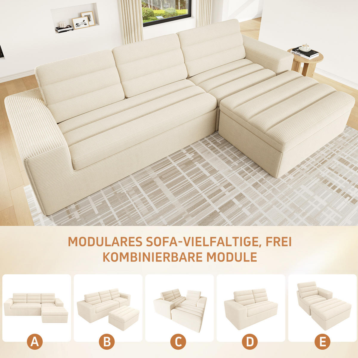 ECKSOFA 253/161/89 cm beige aus Cord mit modularer Form - Beige, Textil (161/253cm) - OKWISH