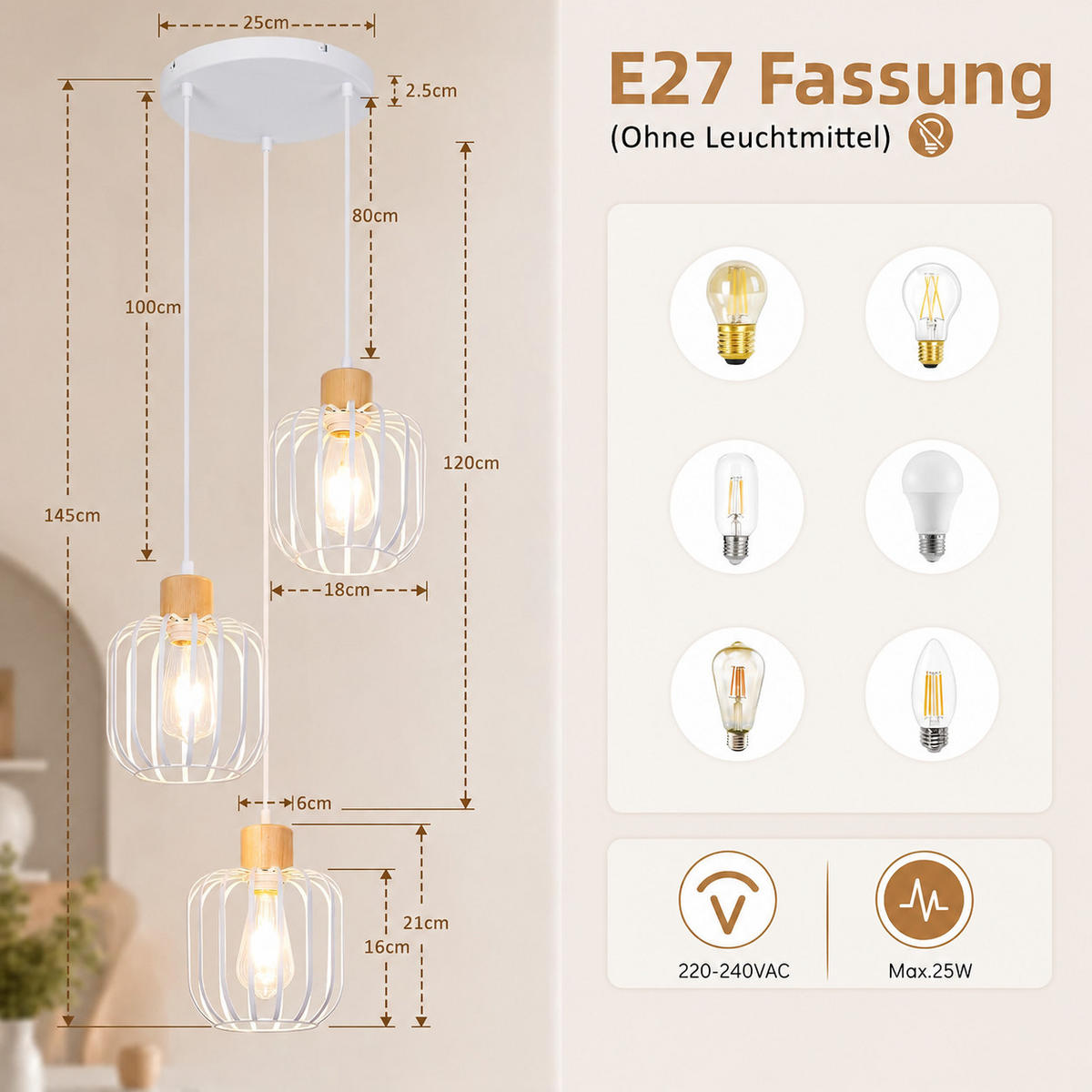 PENDELLEUCHTE Tyvith 25/18/145 cm - Weiß, Holz/Metall (25/18/145cm) - ZMH