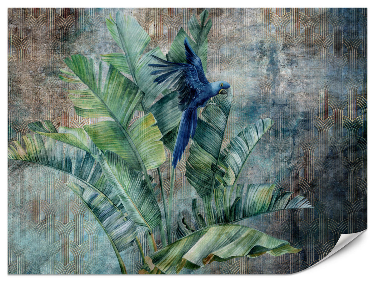 FOTOTAPETA Pre Obývaciu Izbu Retro Papagáj Tropické Listy 250 x 175 cm - hnedá/modrá, papier (250/175cm) - Muralo