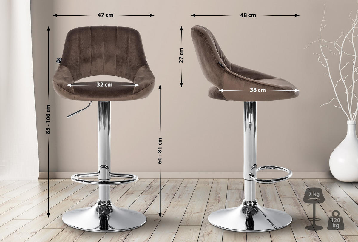 BARHOCKER Samt braun - Chromfarben/Braun, Textil/Metall (47/85/48cm) - CLP