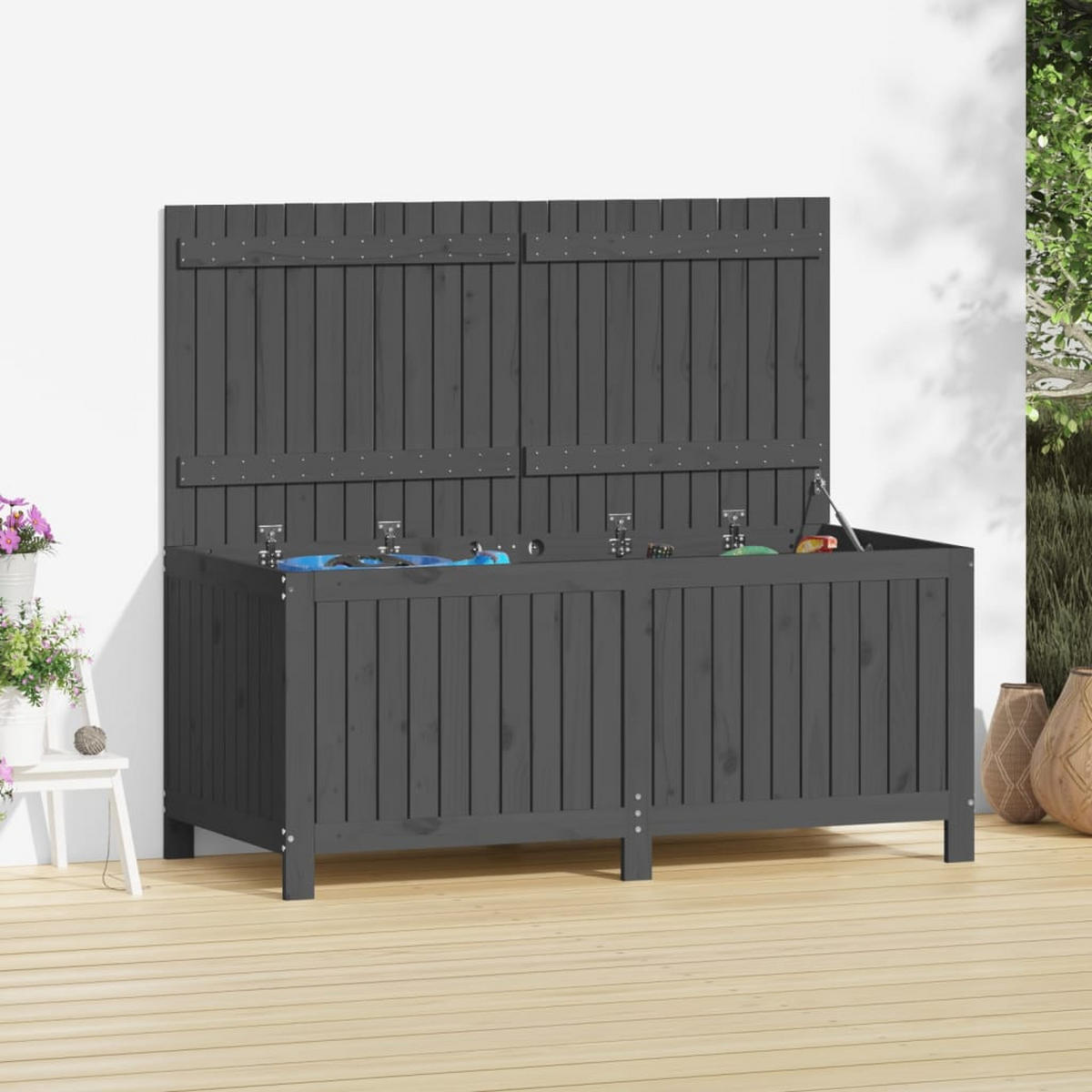 GARTENTRUHE Grau 147x68x64 cm Massivholz Kiefer - Grau, Holz (147/64/68cm) - furnicato