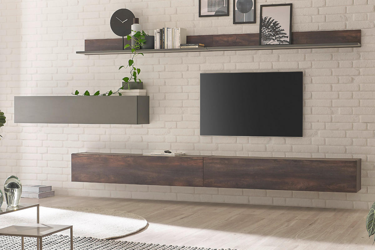 WOHNWAND Thermo Eiche, grau, Wohnkombination 4-teilig 380 cm mit Soft-Close - Eichefarben/Grau, Holzwerkstoff (380/200/30cm) - Furn.Design