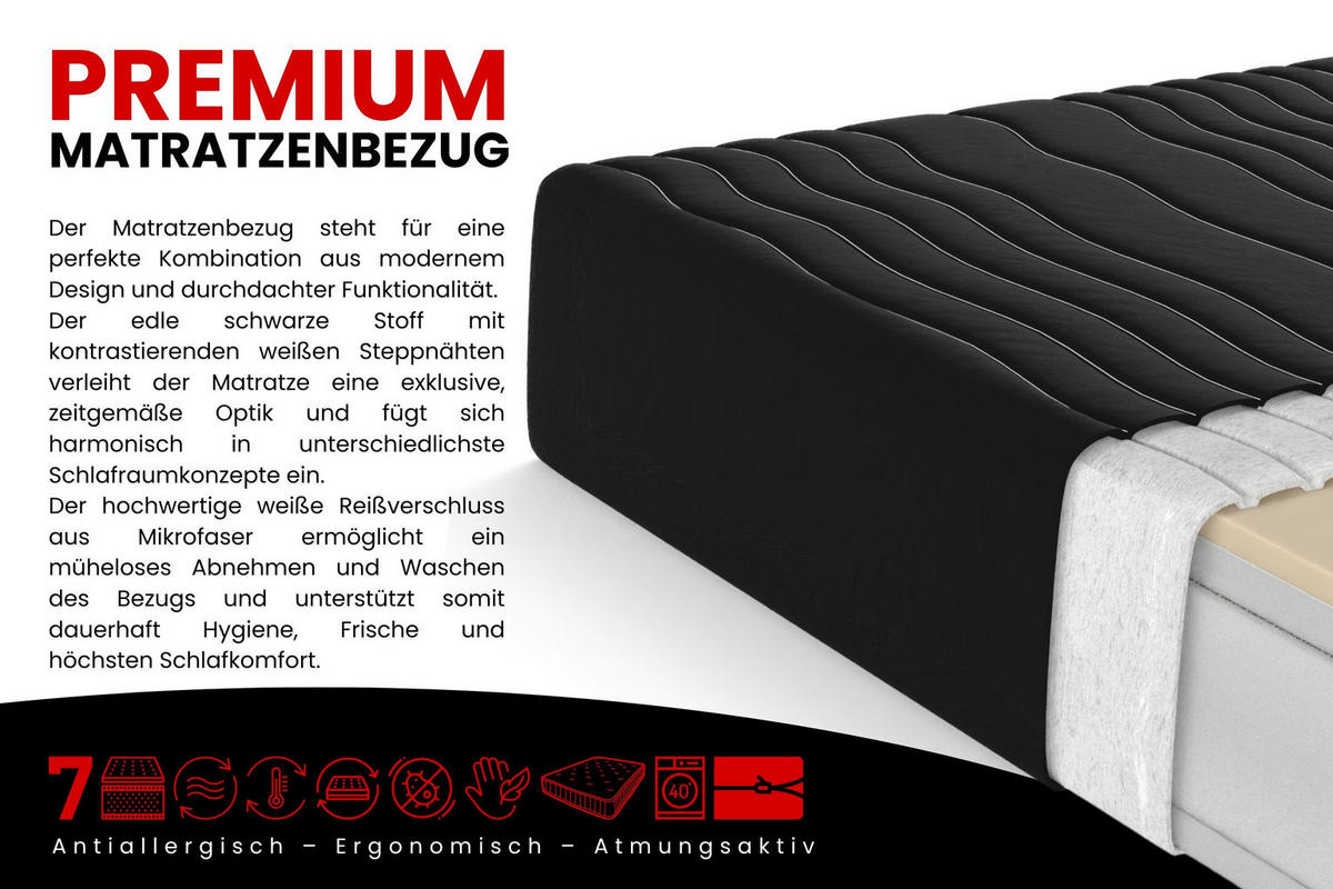 TASCHENFEDERKERNMATRATZE PREMIUM 7 VISCO mit Visco-Schaum 200/200/21 Schwarz H3 - Schwarz, Textil (200/200cm) - Deine Möbel 24