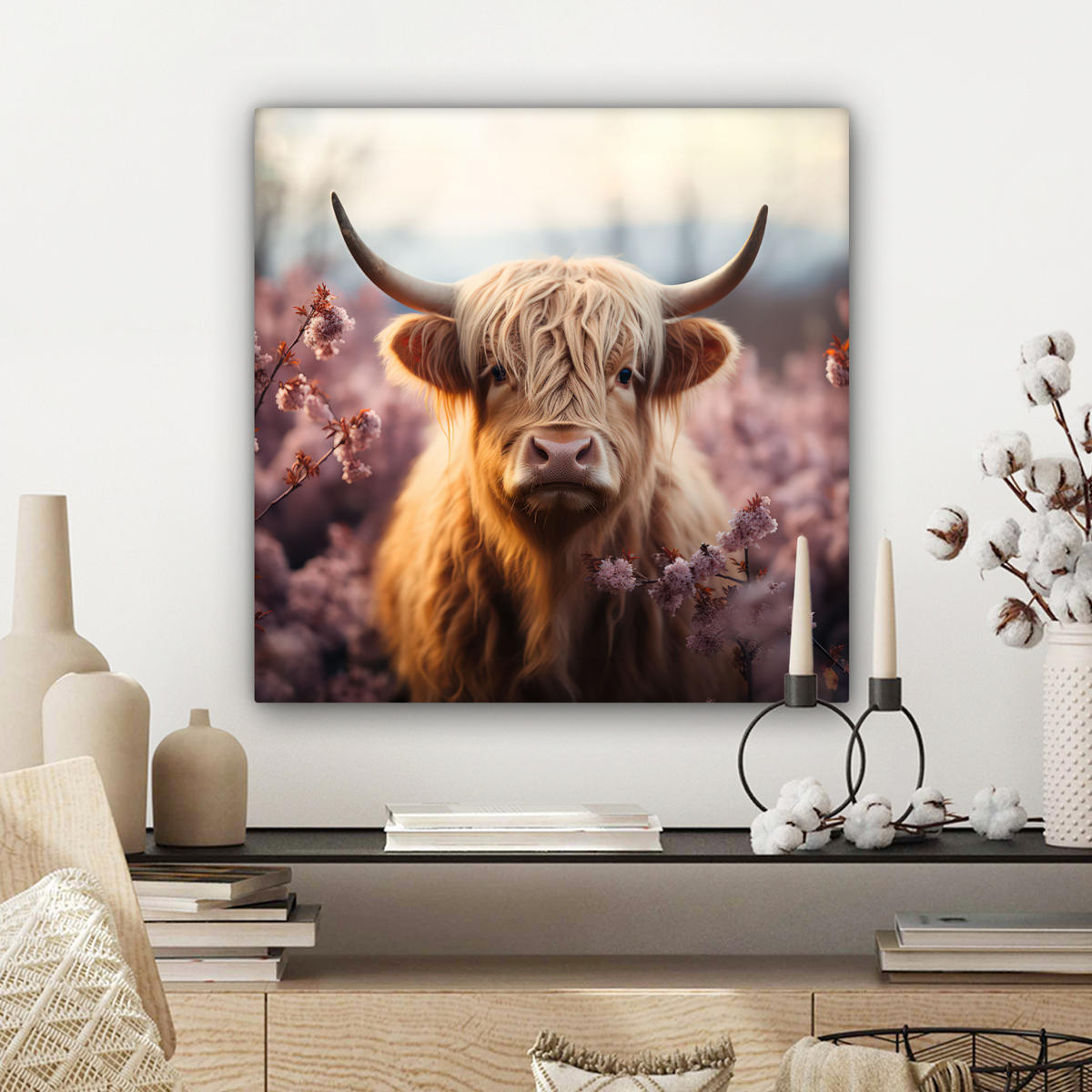 LEINWANDBILD - Schottischer Hochländer - Frühling - Hochland - 50x50 - Room Decor - Hellrosa, Textil (50/50cm) - MuchoWow