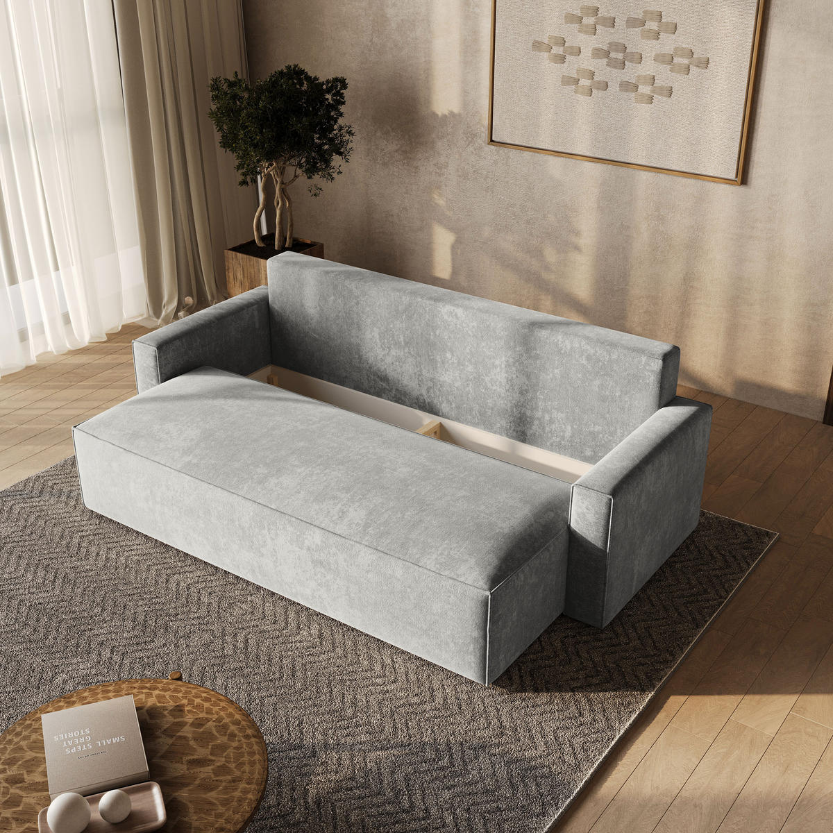 BETTSOFA MENI LM Hellgrau Chenille-Stoff mit Schlaffunktion - Hellgrau, Textil (232/85/87cm) - MASSENO