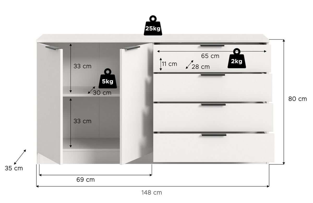 KOMMODE KOPENHAGEN (B/H/T: ca. 148/80/35 cm) in weiß/weiß - Weiß, Holzwerkstoff (148/80/35cm)