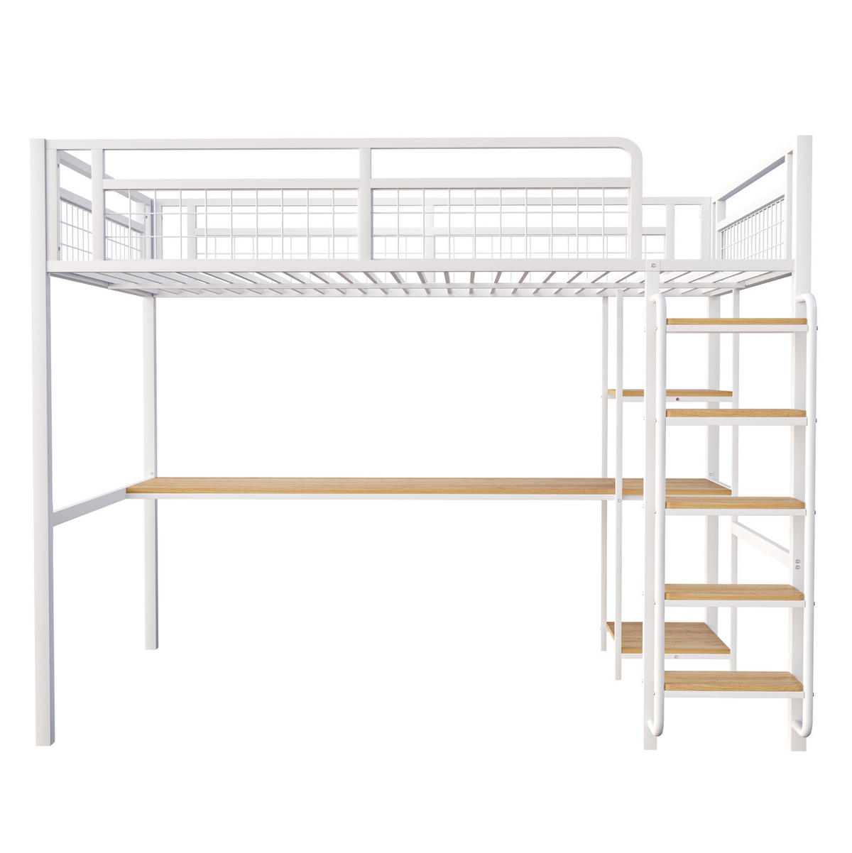 HOCHBETT 140/200 cm aus Metall und MDF mit Schreibtisch, Regal und Sicherheitstreppe Weiß - Weiß, Metall (140/200cm) - Modenvie