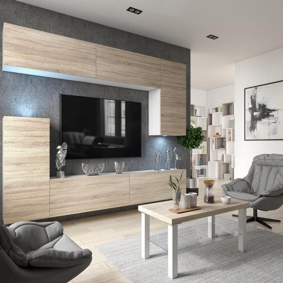 WOHNWAND Milano 8, Sonoma Eiche Matt, 250 cm, Grifflos - Sonoma Eiche, Holz (250/115/36cm) - B BELINI GROUP