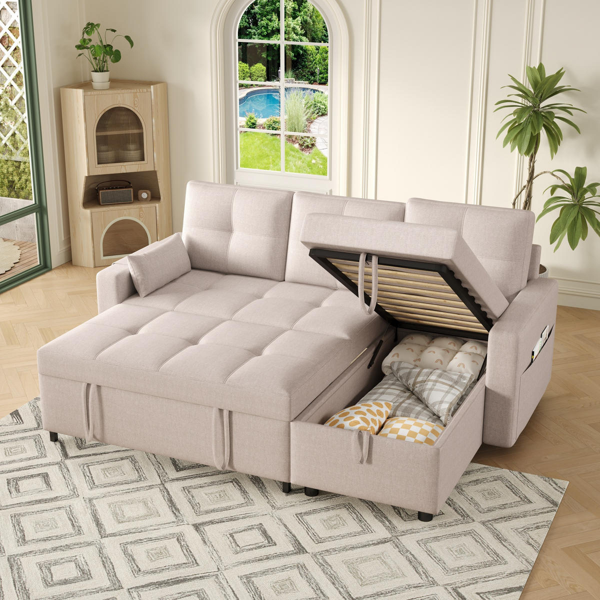 L-FÖRMIGES Schlafsofa aus Leinen mit Stauraum & Getränkehalter, 211/136/87 cm, Beige - Beige, Textil (136/87/211cm) - Redom