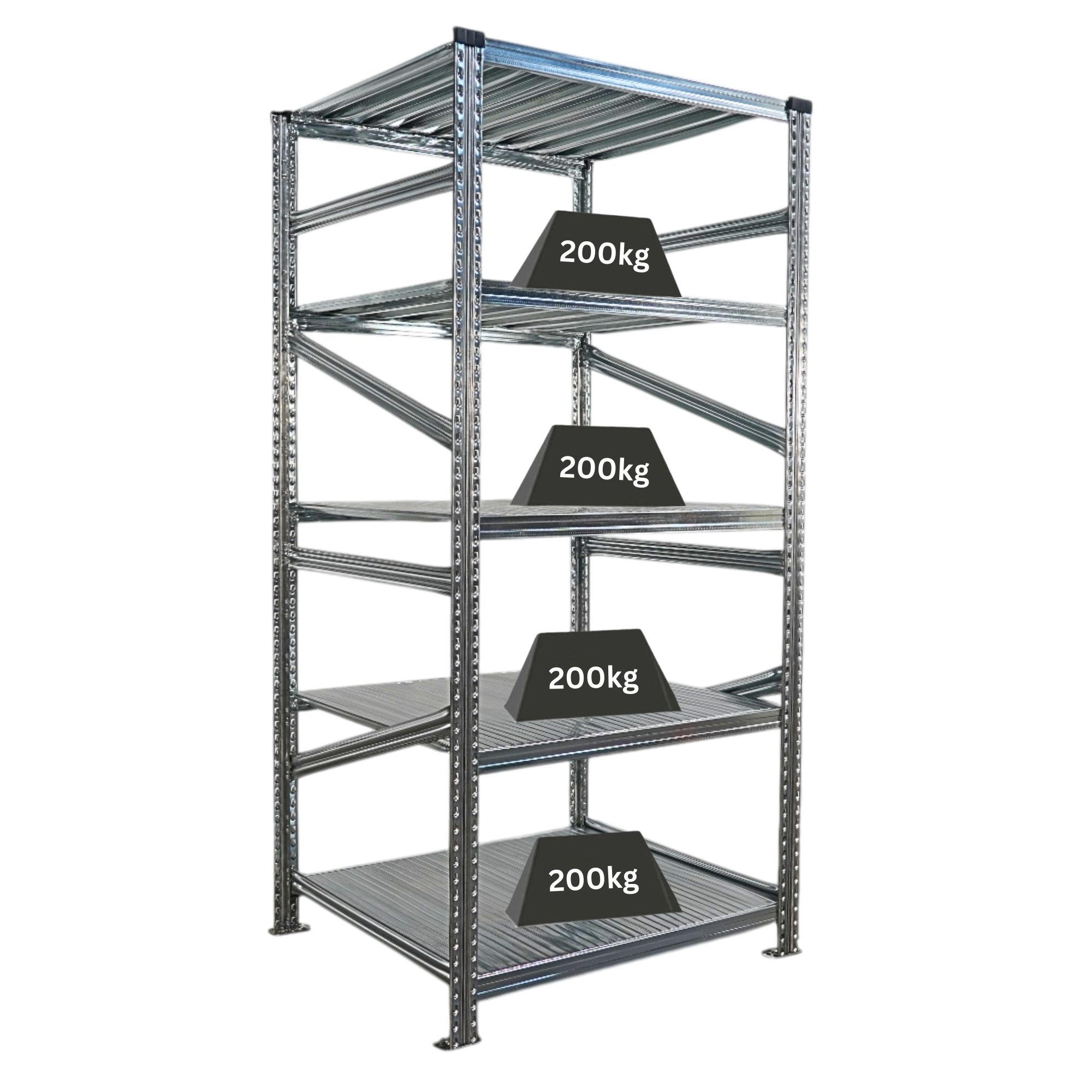 FACHBODENREGAL Proximo Stecksystem 200x90x80cm 5 Ebenen Fachlast 200 kg Beidseitig nutzbar Verzinkt - Silberfarben, Metall (90/200/80cm) - PROREGAL