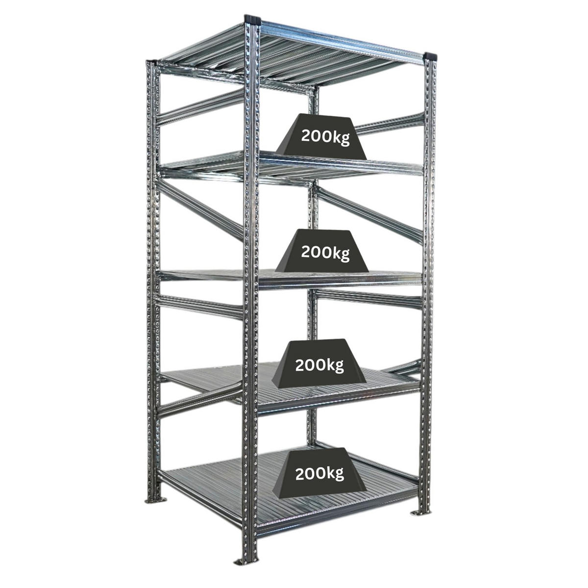 FACHBODENREGAL Proximo Stecksystem 200x90x80cm 5 Ebenen Fachlast 200 kg Beidseitig nutzbar Verzinkt - Silberfarben, Metall (90/200/80cm) - PROREGAL