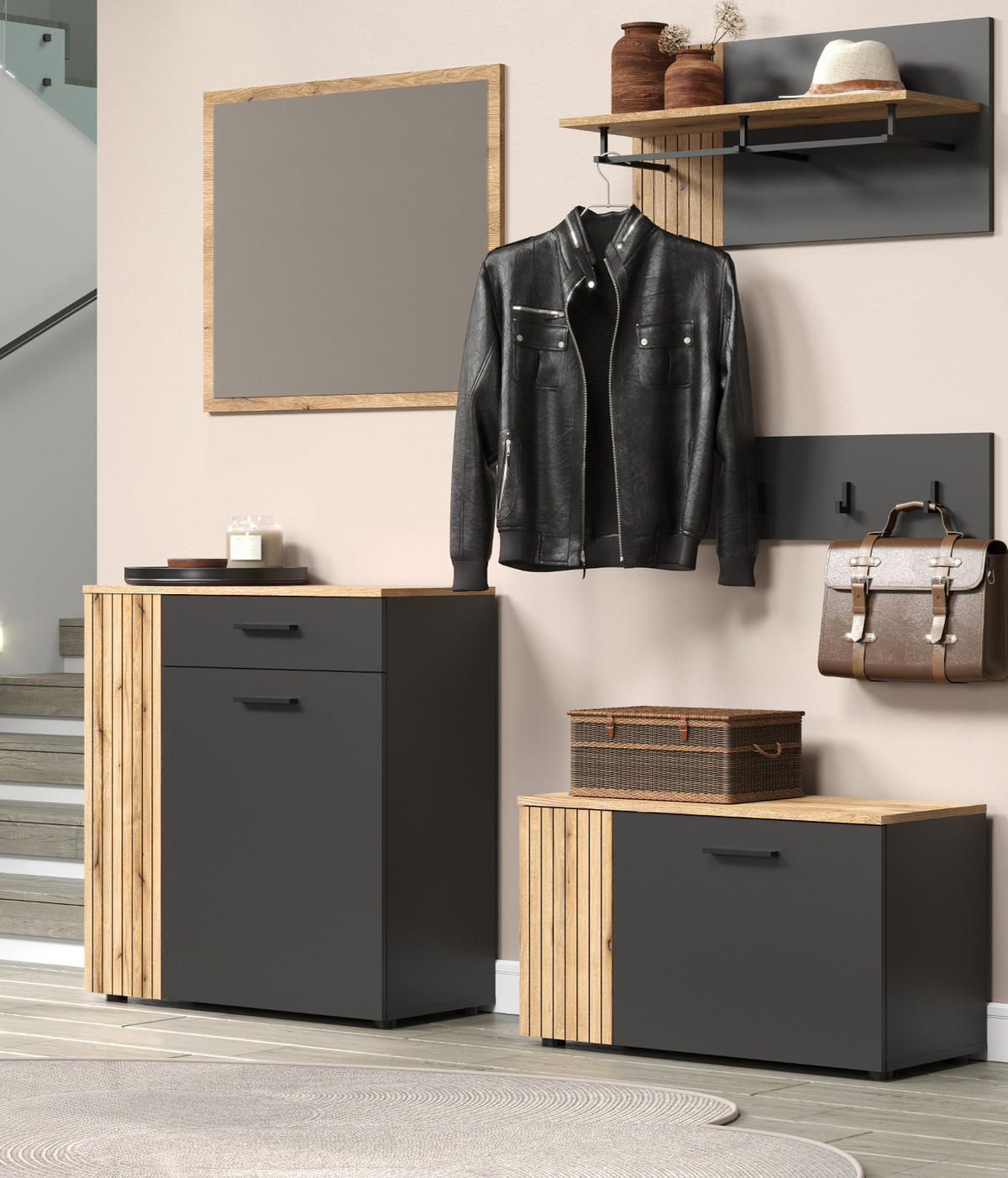 GARDEROBENBANK grau, Evoke Eiche 80 cm, Schuhbank mit 4 Fächern - Eichefarben/Anthrazit, Holzwerkstoff/Kunststoff (80/48/36cm) - Top.Furn