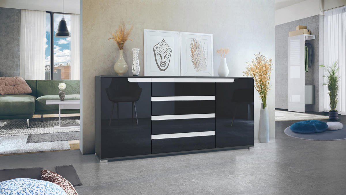 SIDEBOARD Sylt Schwarz Hochglanz / Weiß Hochglanz - Schwarz Hochglanz, Holzwerkstoff (166.5/75.5/35cm) - Vladon