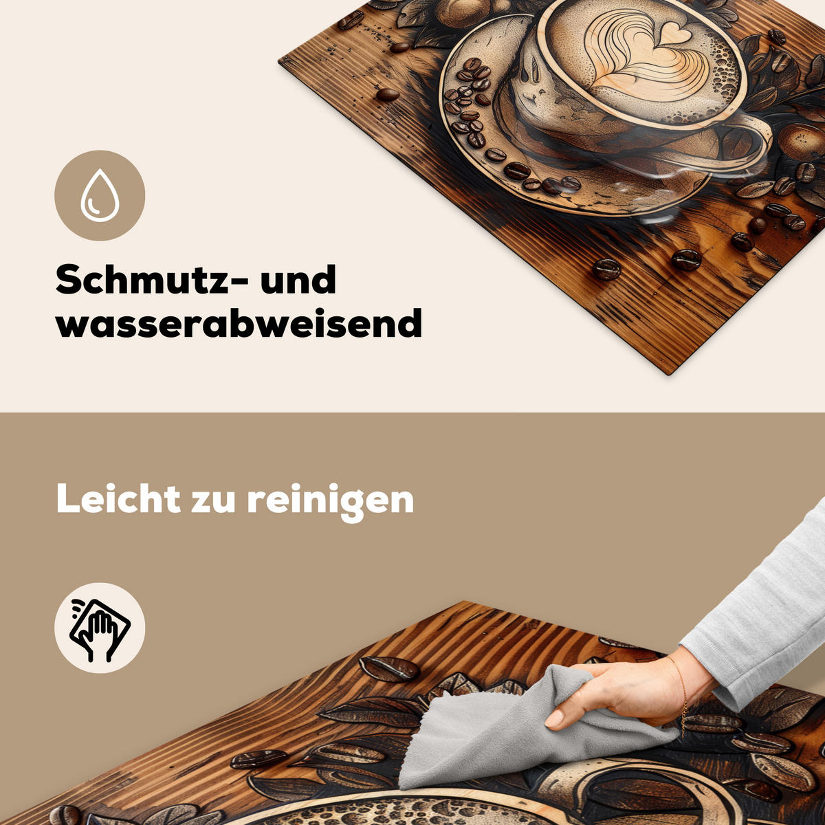 HERDABDECKPLATTE Kaffee - Vintage - Braun - Tasse - Holz Herdabdeckung Induktionsfeld 70x52 cm - Cappuccino, Kunststoff (70/52/0.2cm) - MuchoWow