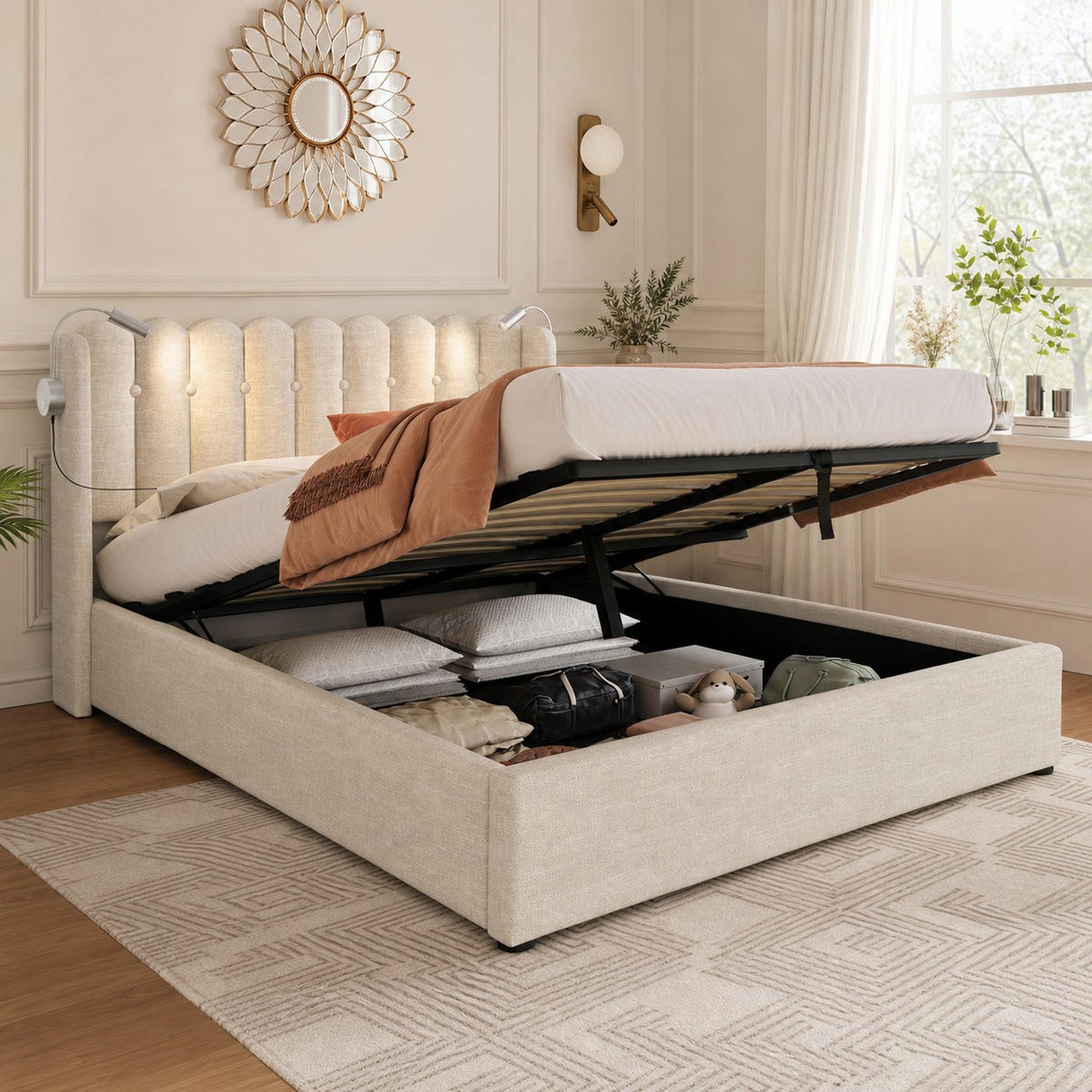 POLSTERBETT 140/200 mit Bettkasten, Leselicht und USB in Natur - Beige, Holzwerkstoff/Textil (140/200cm) - EVRYAE