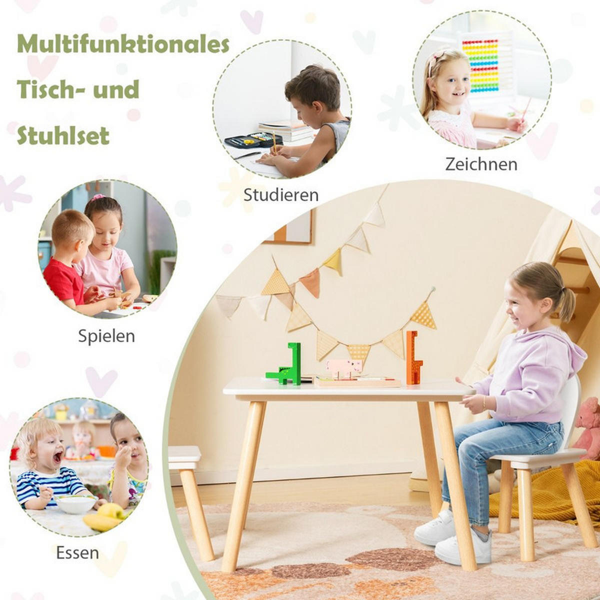 KINDERTISCH mit 2 Stühlen weiß(3-tlg) - Weiß, Holzwerkstoff (62/43/62cm) - COSTWAY