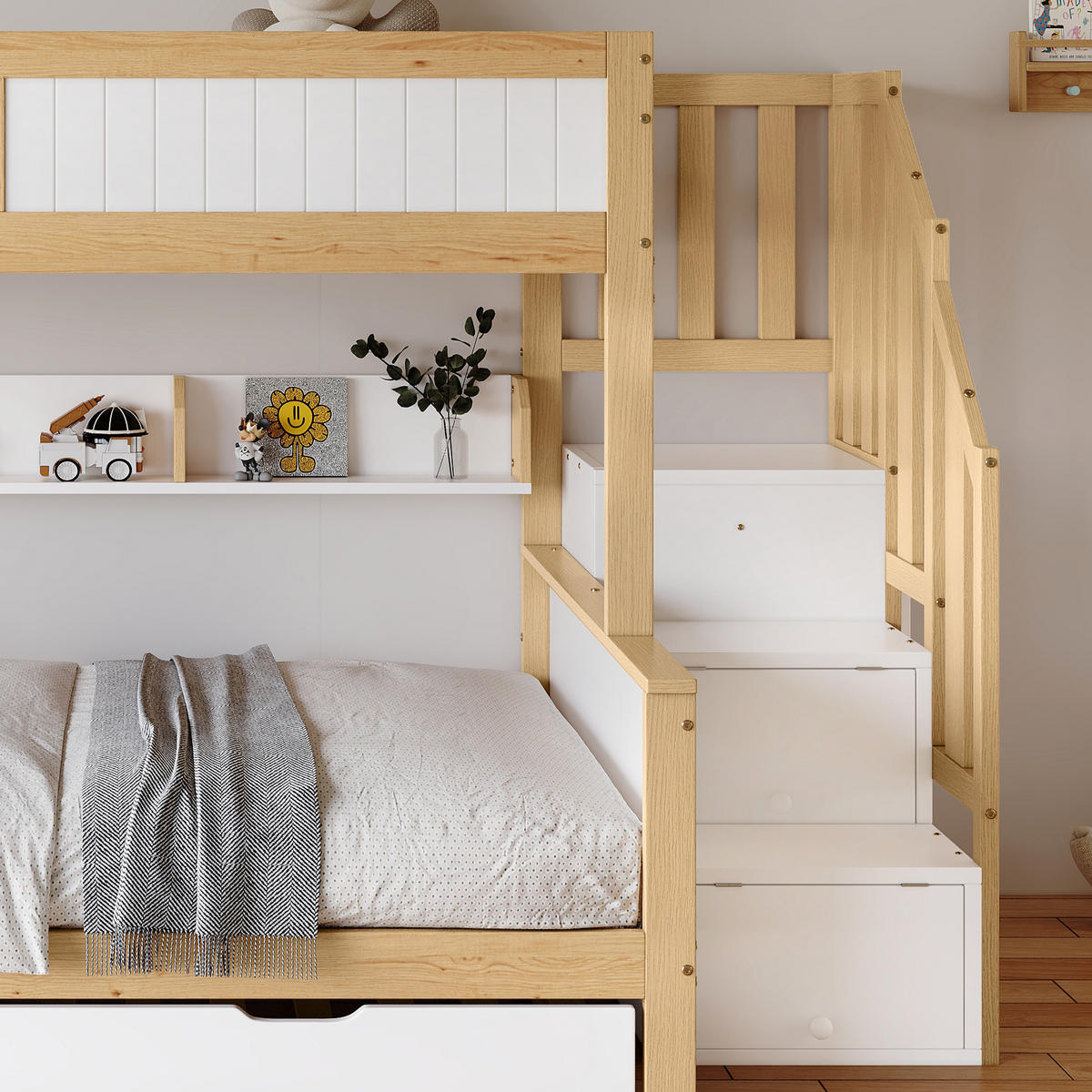 ETAGENBETT 90/200+120/200+90/190 mit Rollbett und Stauraumtreppe in Weiß und Natur - Naturfarben, Holz (90/200cm) - EVRYAE