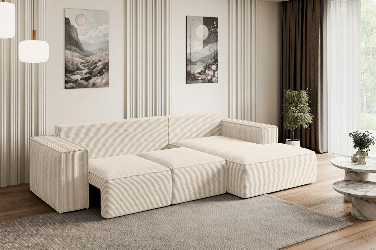 ECKSOFA mit Schlaffunktion und Bettkasten SERRA-L-S - 266x161x87 cm Beige Cord - Beige/Schwarz, Holzwerkstoff/Kunststoff (266/161cm) - ALTDECOR