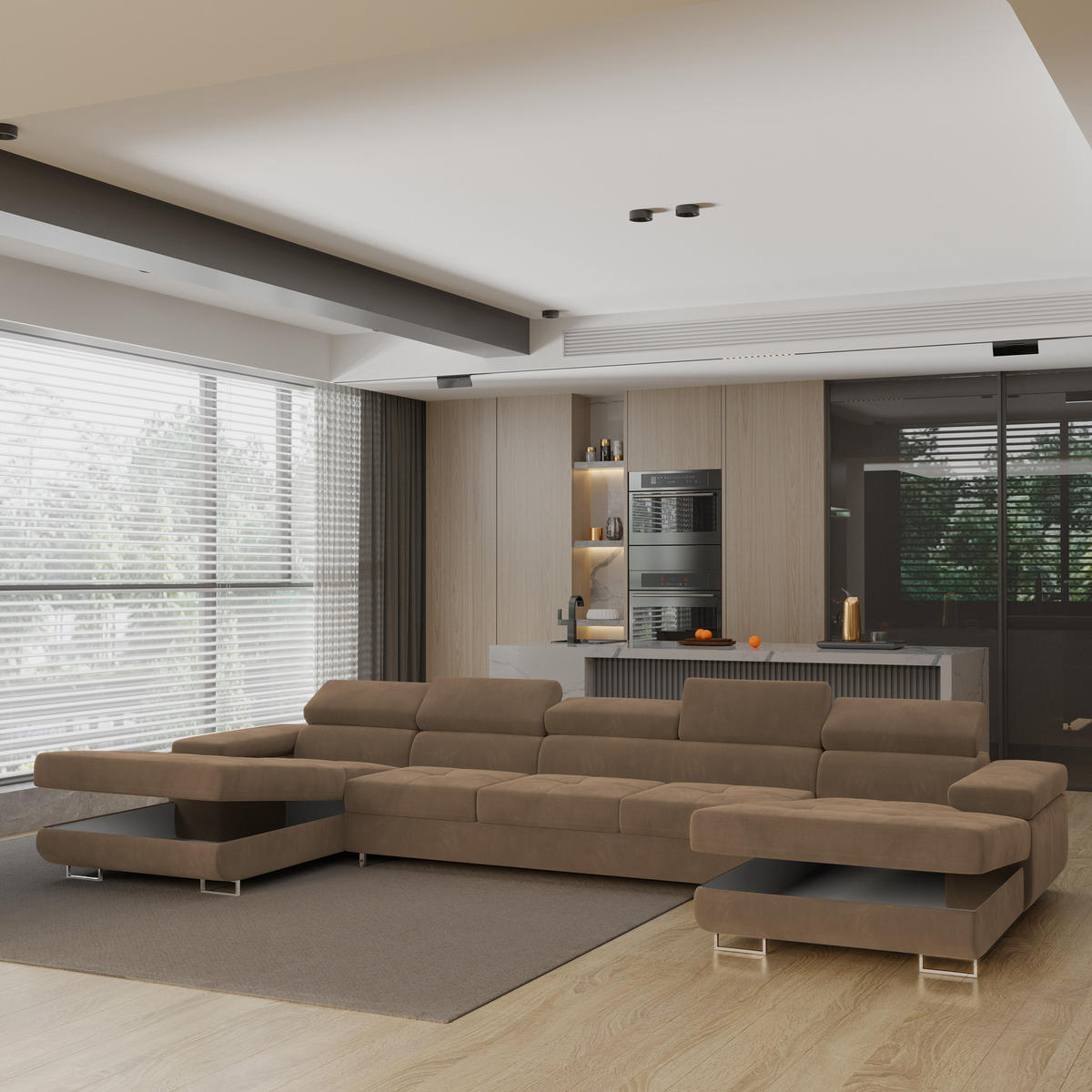 WOHNLANDSCHAFT OMBRA Beige Velours-Stoff mit Schlaffunktion - Beige, Holz (425/90/202cm) - MASSENO