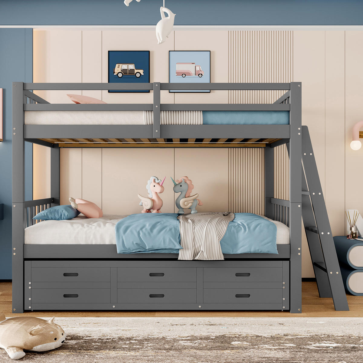 POSCHODOVÁ posteľ 90/200 cm sivá s výsuvným lôžkom a 3 zásuvkami z borovice a MDF - sivá, drevo (90/200cm) - OKWISH