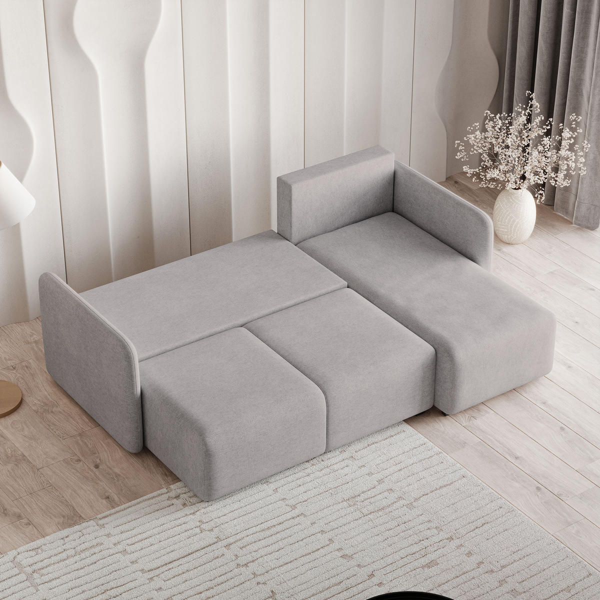 ECKSOFA SUVINO Hellgrau Geflochtener Stoff mit Schlaffunktion - Hellgrau, Holz (230/143cm) - MASSENO