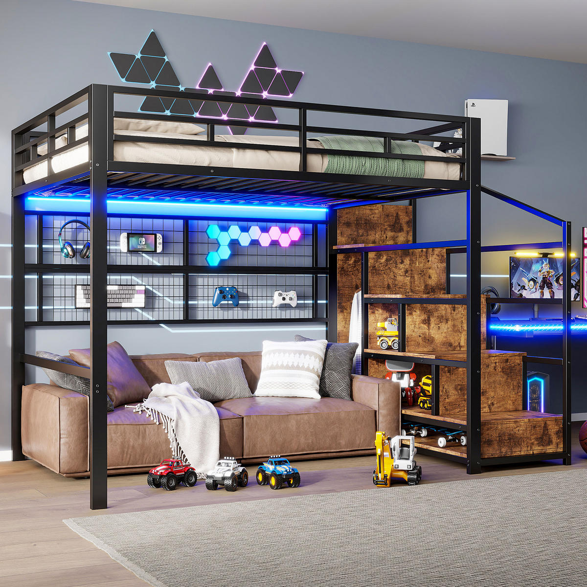 HOCHBETT 140x200cm Schwarz Metall Kleiderschrank LED-Licht - Schwarz, Metall (140/200cm) - FLIEKS