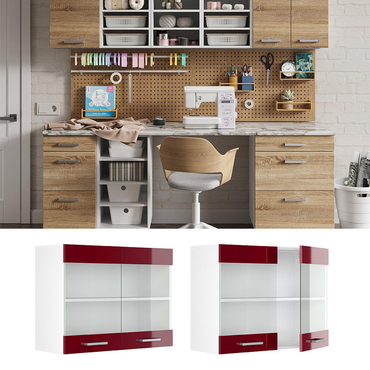 UNIVERZÁLNÍ NÁSTĚNNÁ SKŘÍŇKA R-Line Bordó červená vysoký lesk - bílá/bordeaux, kompozitní dřevo (80/60/31cm) - Vicco