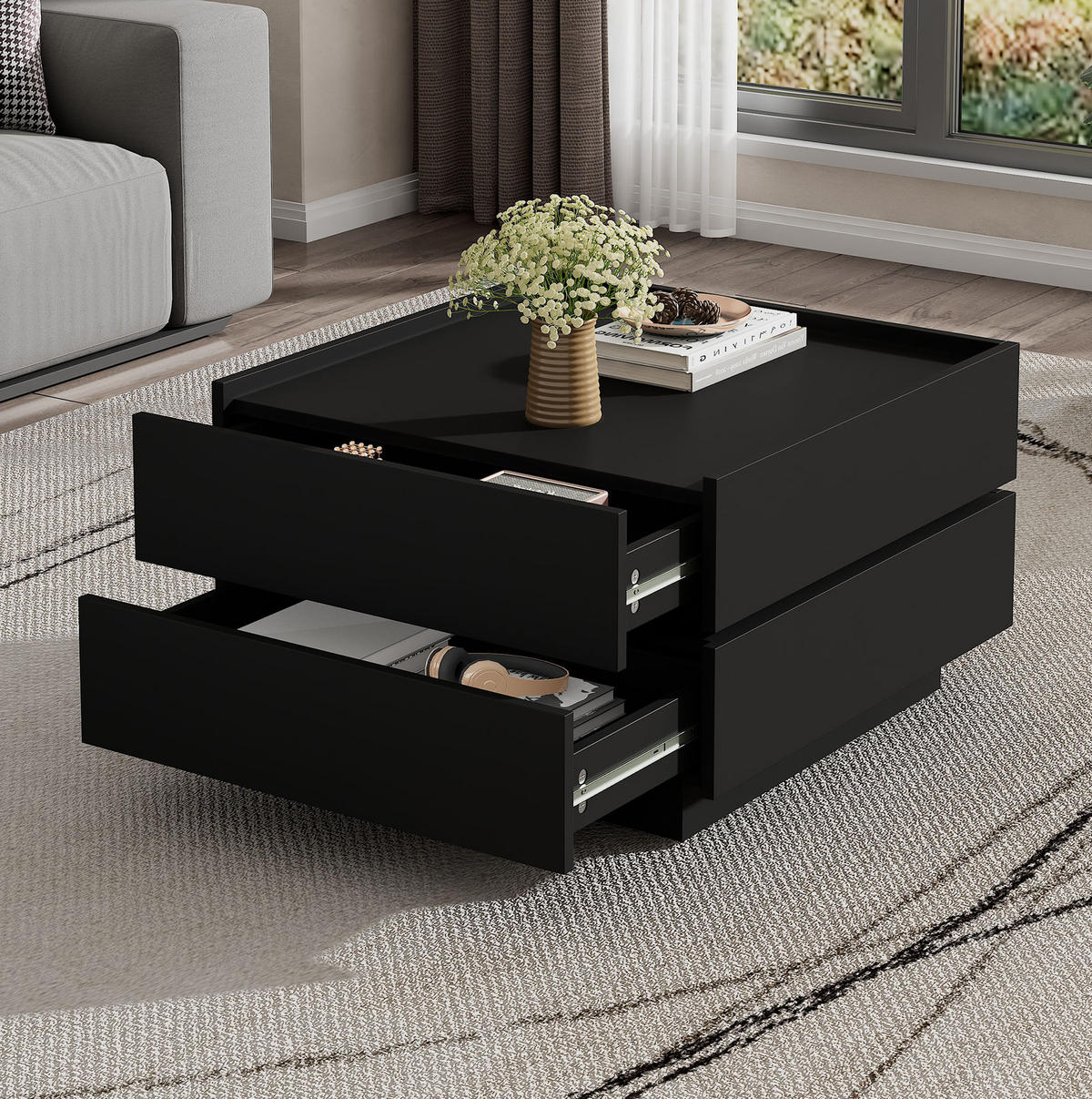 COUCHTISCH 60/60/38 cm 360° drehbar mit 2 Schubladen in Schwarz - Schwarz, Holzwerkstoff (60/60/38cm) - Flora Grace