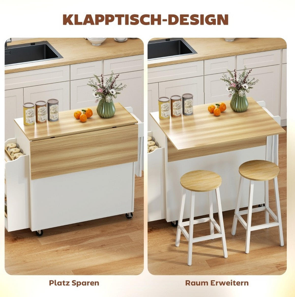 KÜCHENINSEL faltbar 120x68x85cm Weiß mit erweiterbarer Platte & Schublad - Weiß, Holz (120/85/68cm) - Modfu