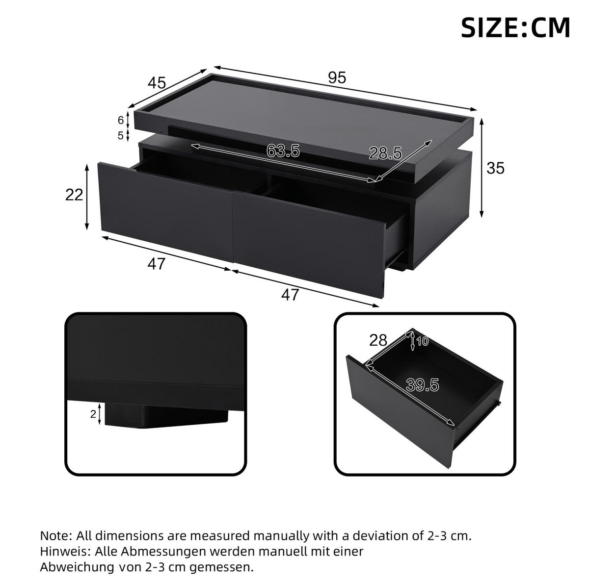 COUCHTISCH 95/45/35 cm mit LED-Beleuchtung, 2 Schubladen und halboffener Ablage, Hochglanz-Spanplatte, Schwarz - Schwarz, Holzwerkstoff (95/45/35cm) - Redom