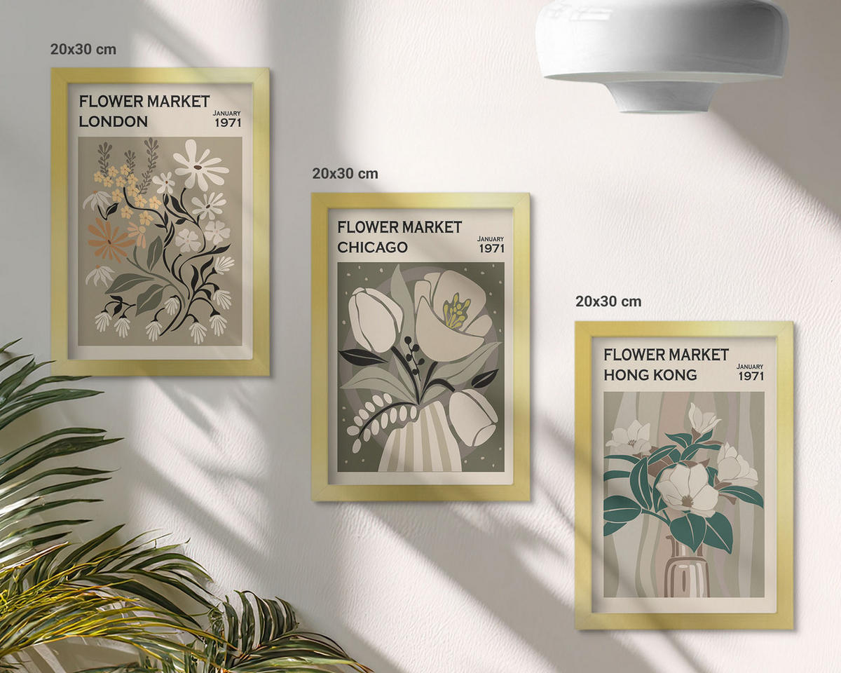 BILDER SET 3er Set - 20x30 cm Goldrahmen - Blumenmessen London Chicago Hongkong - Goldfarben, Kunststoff (20/30cm) - TULUP