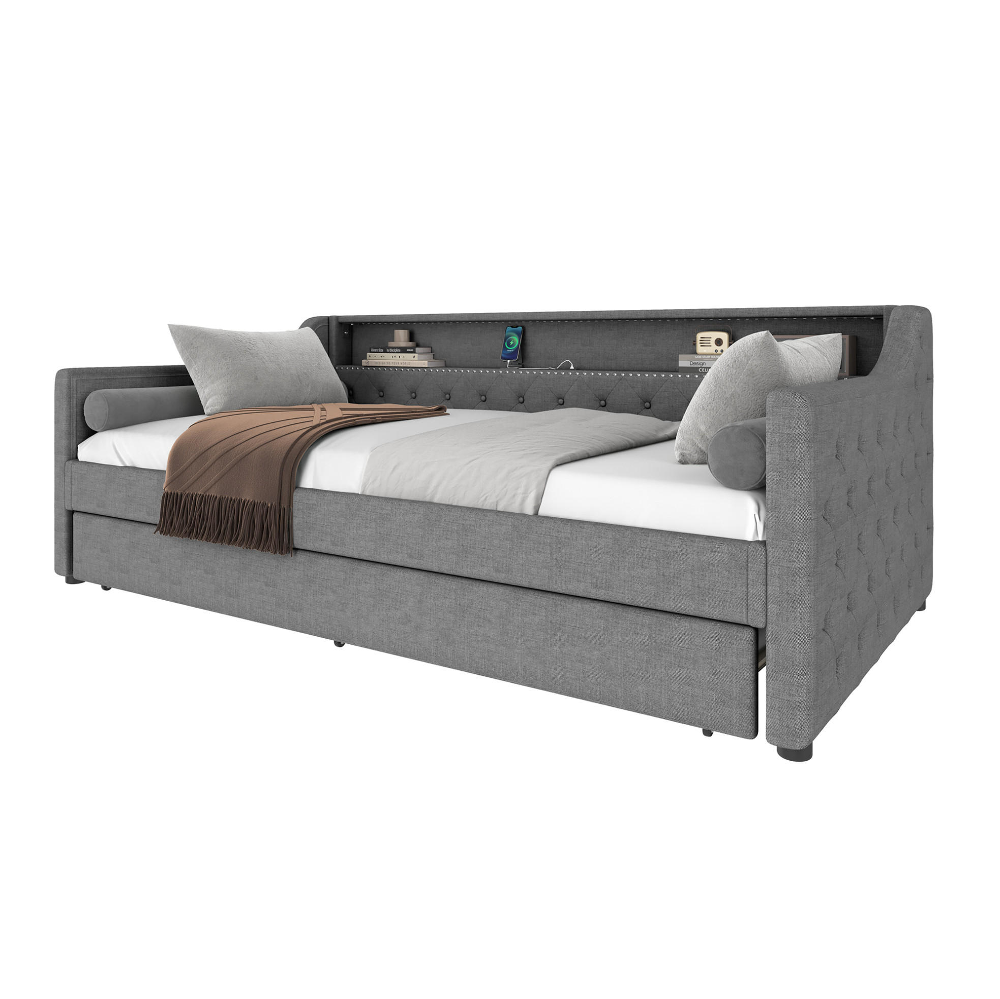 TAGESBETT 90/200 cm mit Ausziehbett, LED-Beleuchtung, USB-Anschluss und Lattenrost, Leinenbezug, Grau - Grau, Textil (90/200cm) - Redom