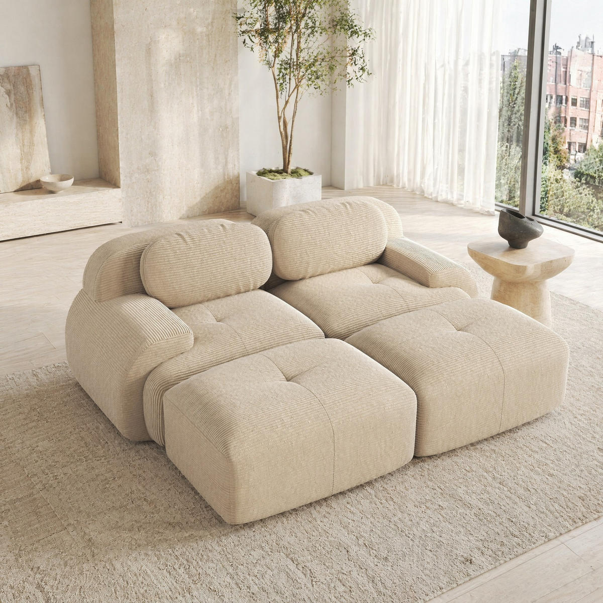 SOFA 208/178/70 cm in Beige aus Cord mit modularer Form und rutschfester Unterseite - Beige, Textil (178/70/208cm) - Flora Grace