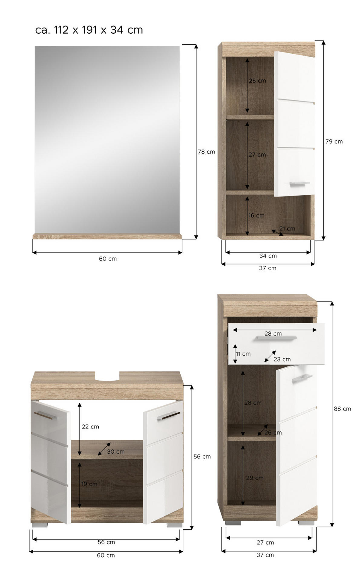 BADMÖBEL-SET weiß Hochglanz, Eiche 4-teilig 112 cm, Kombination mit viel Stauraum - Weiß Hochglanz/Eichefarben, Holzwerkstoff (112/191/34cm) - Inn.Furn