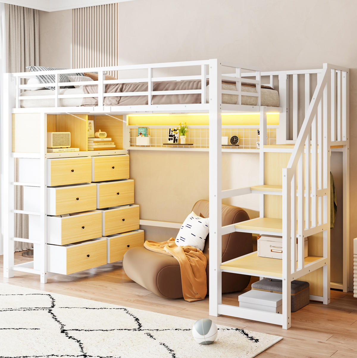 HOCHBETT MDF Metall 90x200 cm Weiß mit Stauraumtreppe, LED und 8 Schubladen - Weiß, Holzwerkstoff (90/200cm) - Modfu