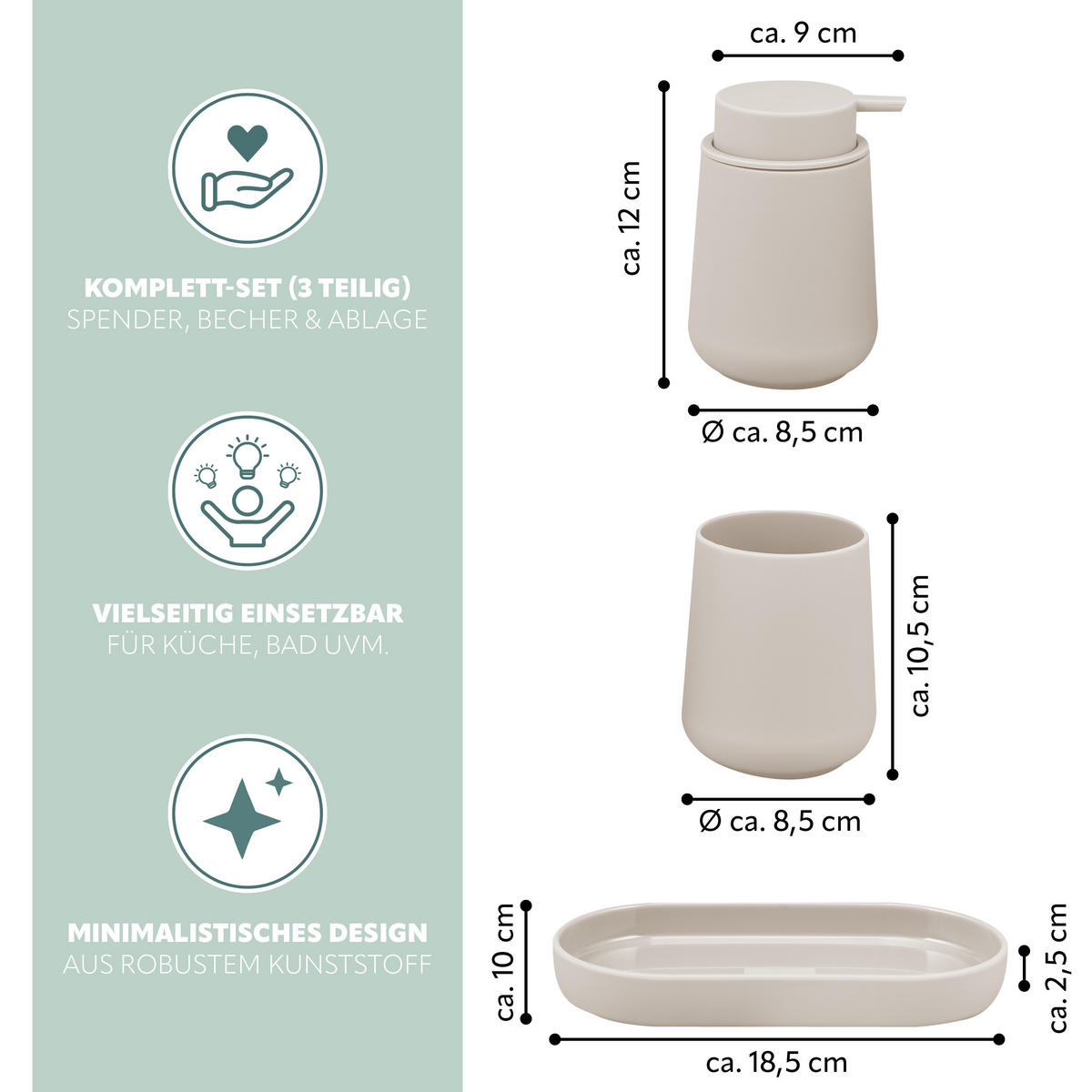 BAD-ACCESSOIRES-SET TESERO, Soft-Touch, beige - Beige, Kunststoff (18.5/13.5/10cm) - eluno