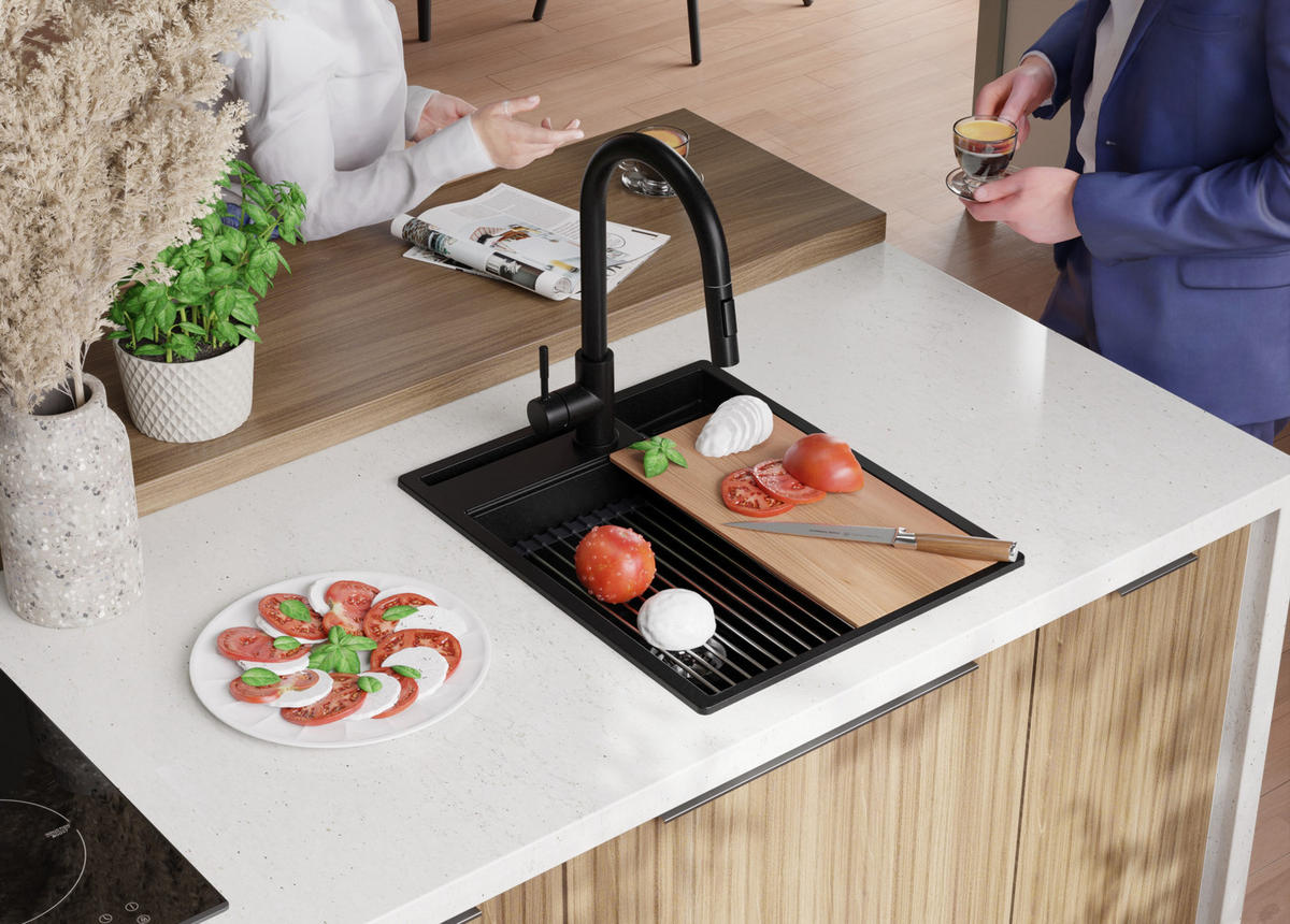 GRANITSPÜLE Oslo Pocket, 2-er set Alles Schwarz 43/53 cm 1 Becken + Küchenarmatur 40/38 cm + Ablauf-Set + Küchenzubehörset ab 45er Unterschrank - Schwarz, Kunststoff (43/20/53cm) - Primagran