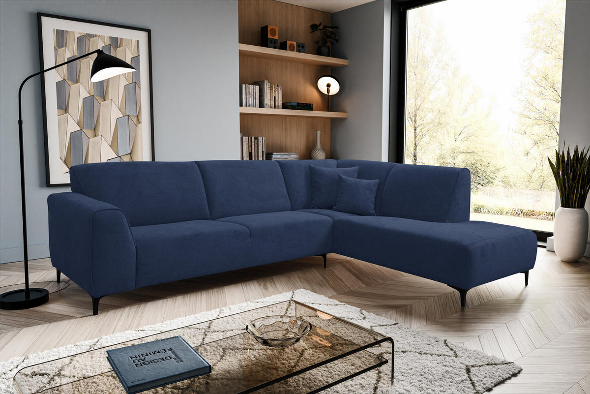 ECKSOFA Mula in L-Form, Coach Farbe: Blau, Velourstoff, Ottomane Rechts - Blau, Textil (274/210cm) - VENASI MÖBEL